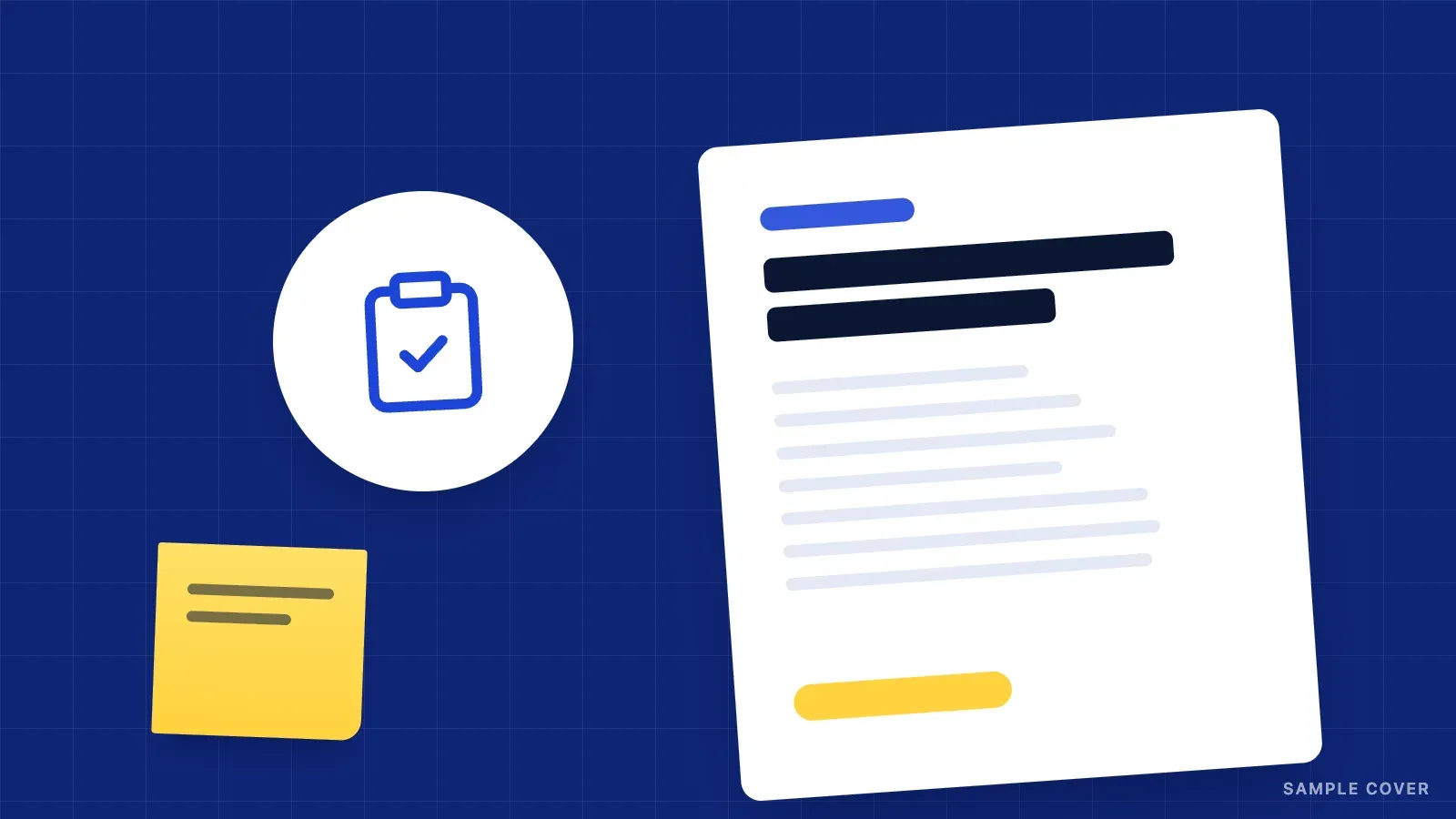 Illustration of a paper document and a sticky note beside a clipboard with a check mark icon