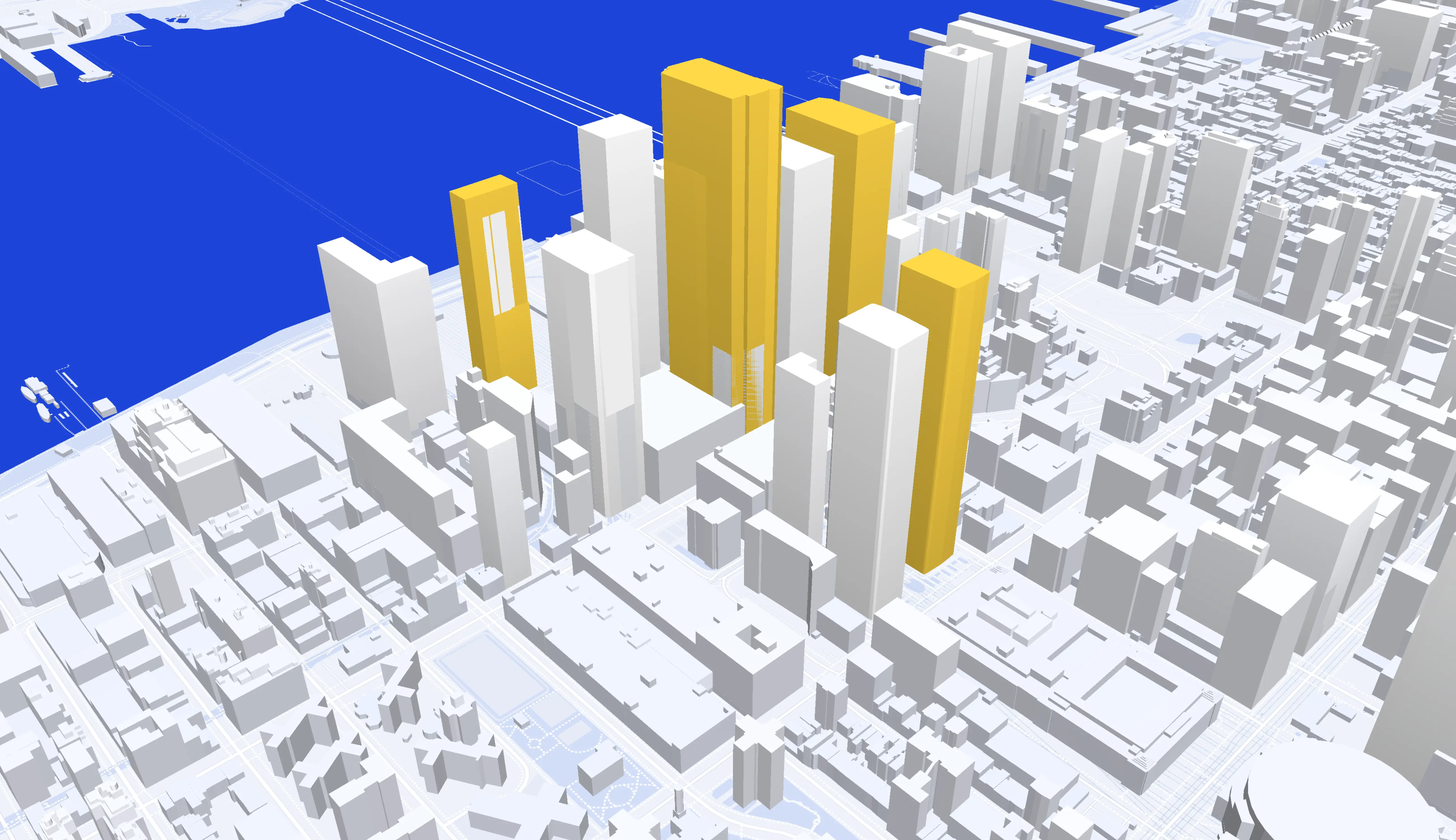 3D map of a city district with four office towers highlighted in yellow.